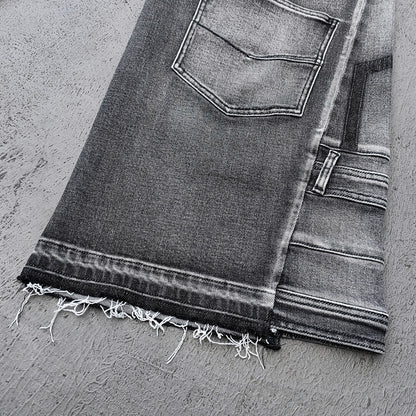 Wide Leg Jeans - Black Gray Acid Wash Multi Pocket Cargo Strap Frayed Hem Y2K Streetwear