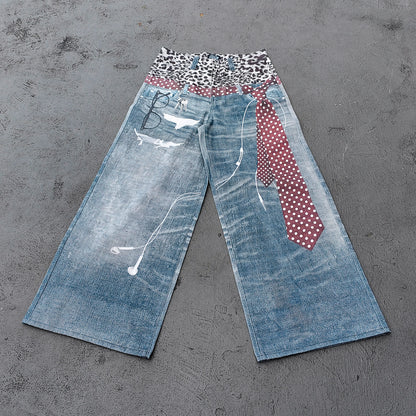 Wide Leg Jeans - Blue Gray Acid Wash Leopard Waistband Polka Dot Tie Glasses Print Y2K Streetwear
