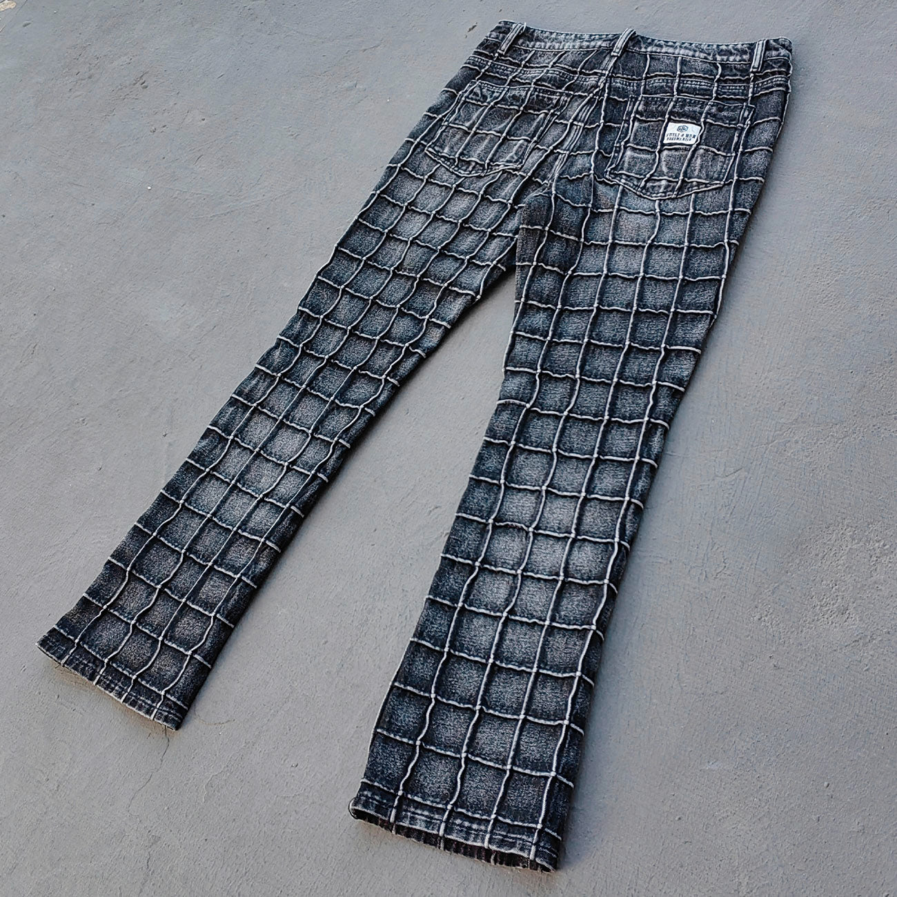Textured Grid Bootcut Jeans - Black Acid Wash Y2K Vintage Streetwear