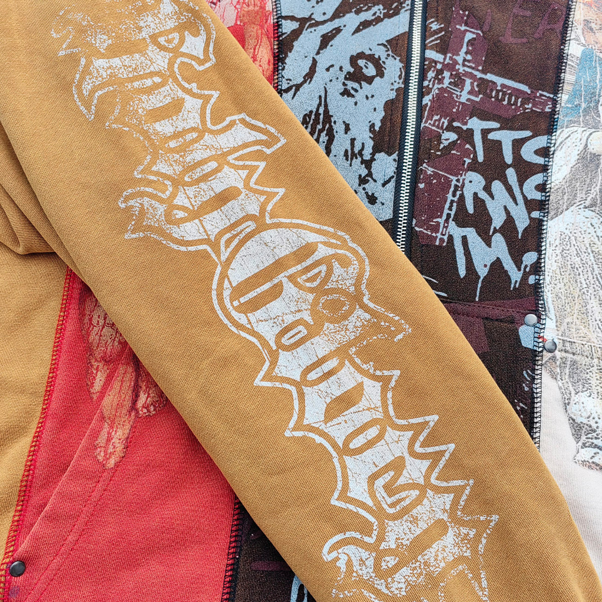 Religious Collage Zip Up Hoodie - Brown Yellow Red Color Block Studded Angel Mary Print Y2K Streetwear