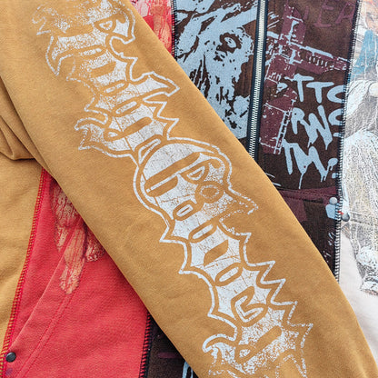 Religious Collage Zip Up Hoodie - Brown Yellow Red Color Block Studded Angel Mary Print Y2K Streetwear