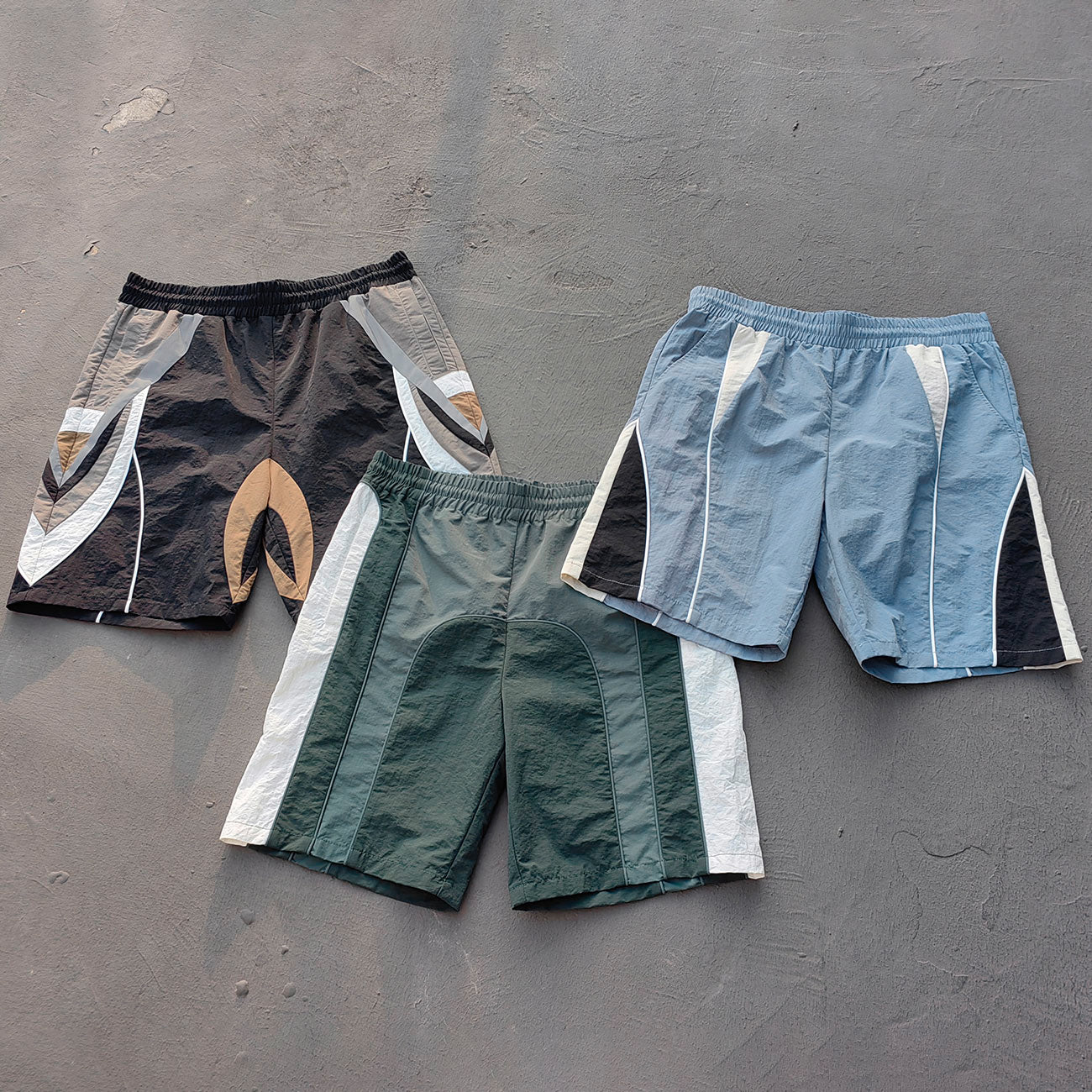 Color Block Track Shorts - Gray Blue Nylon Y2K Retro Athletic Streetwear