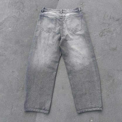 Acid Wash Baggy Jeans - Smoke Gray Pinched Seam Straight Leg Y2K Streetwear