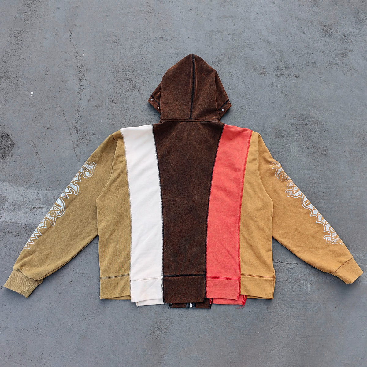 Religious Collage Zip Up Hoodie - Brown Yellow Red Color Block Studded Angel Mary Print Y2K Streetwear