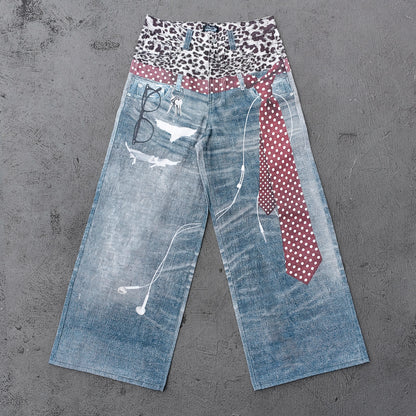 Wide Leg Jeans - Blue Gray Acid Wash Leopard Waistband Polka Dot Tie Glasses Print Y2K Streetwear