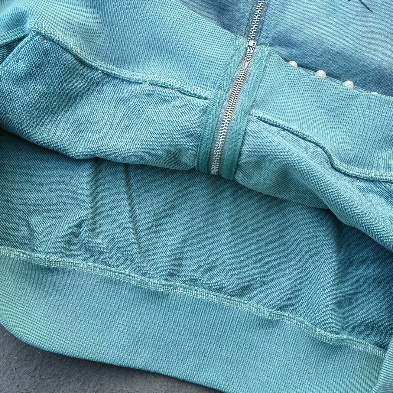 Tattoo Print Zip Up Hoodie - Gray Blue Studded Rhinestone Distressed Y2K Streetwear