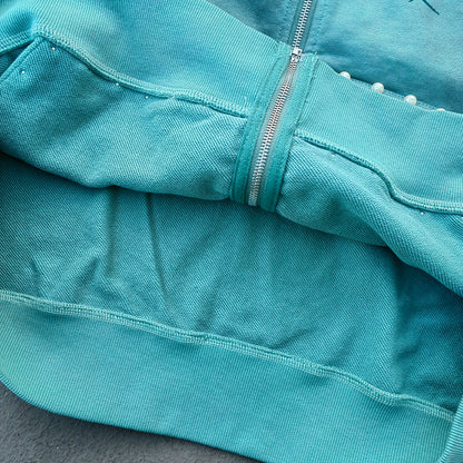 Tattoo Print Zip Up Hoodie - Gray Blue Studded Rhinestone Distressed Y2K Streetwear
