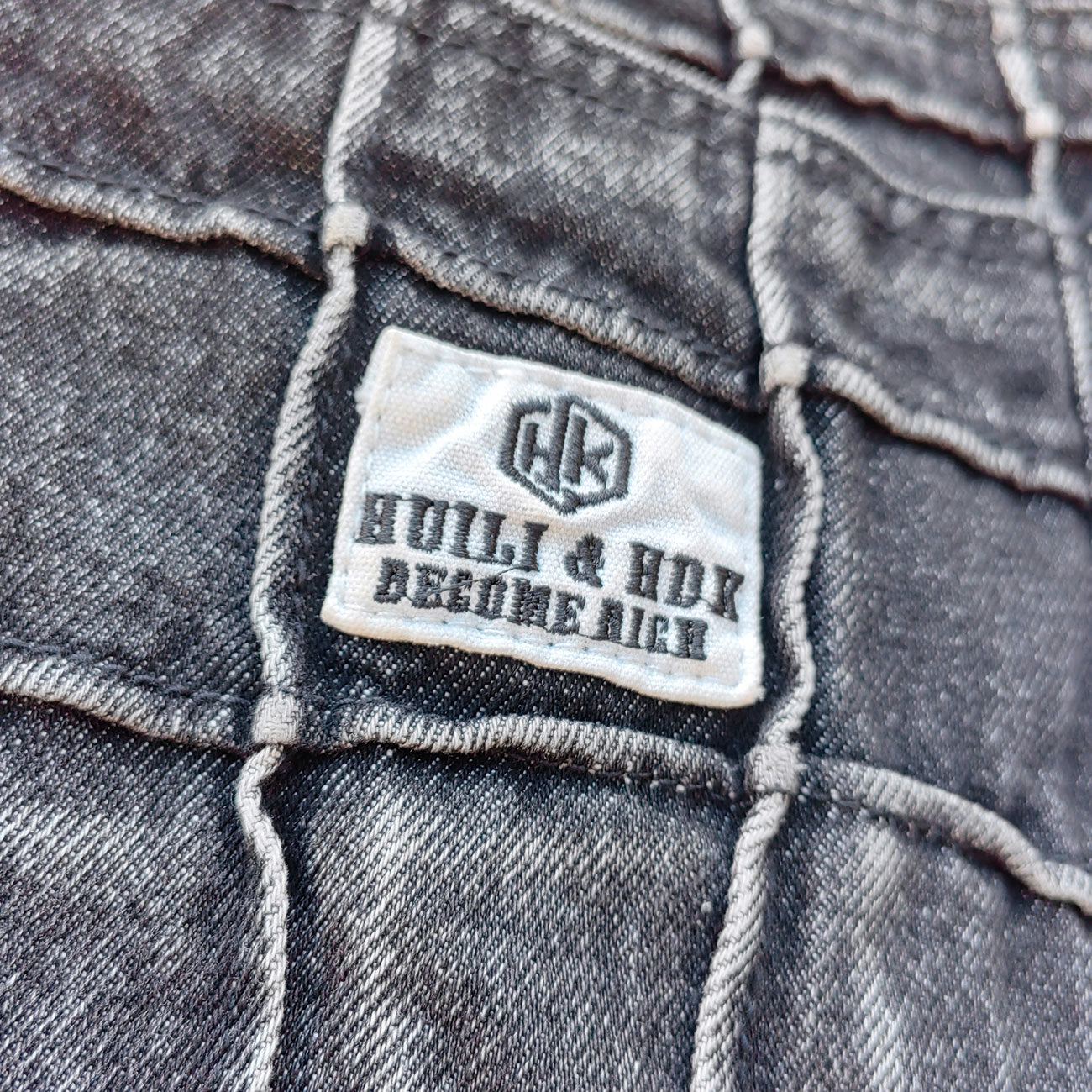 Textured Grid Bootcut Jeans - Black Acid Wash Y2K Vintage Streetwear