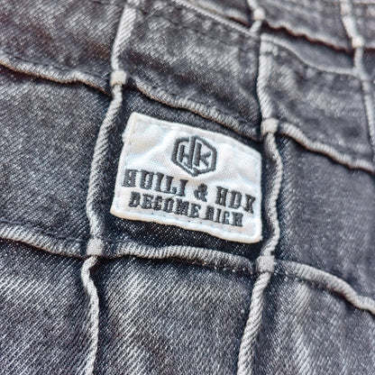 Textured Grid Bootcut Jeans - Black Acid Wash Y2K Vintage Streetwear