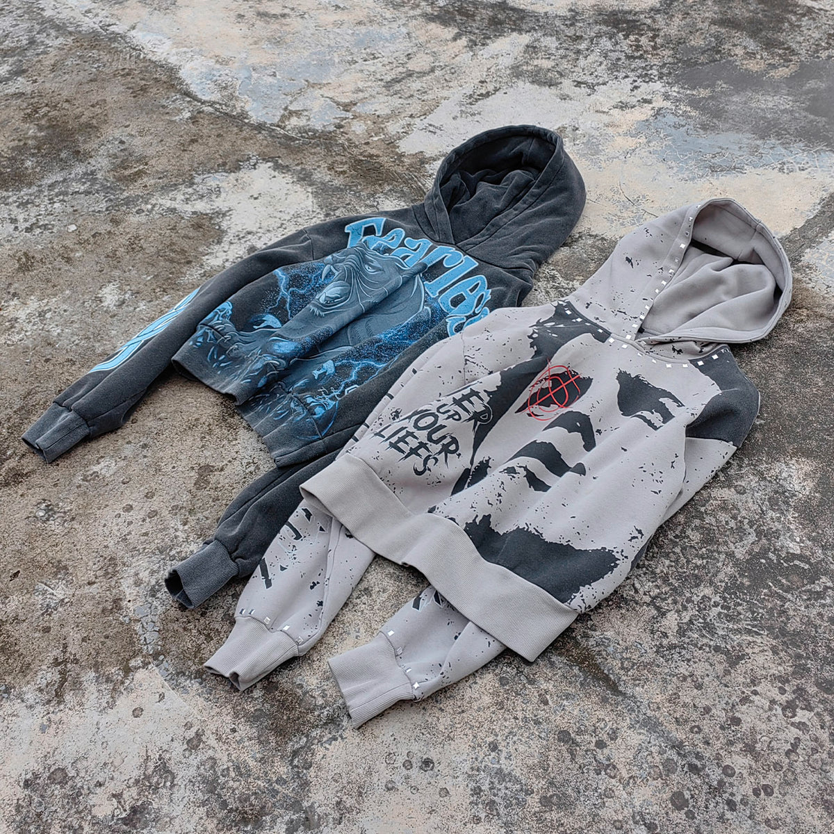 Graphic Print Hoodie - Distressed Studded Streetwear Sweatshirt