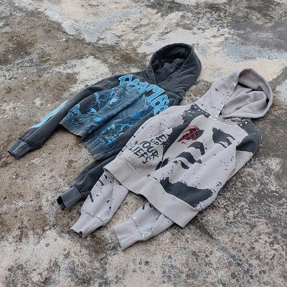 Graphic Print Hoodie - Distressed Studded Streetwear Sweatshirt