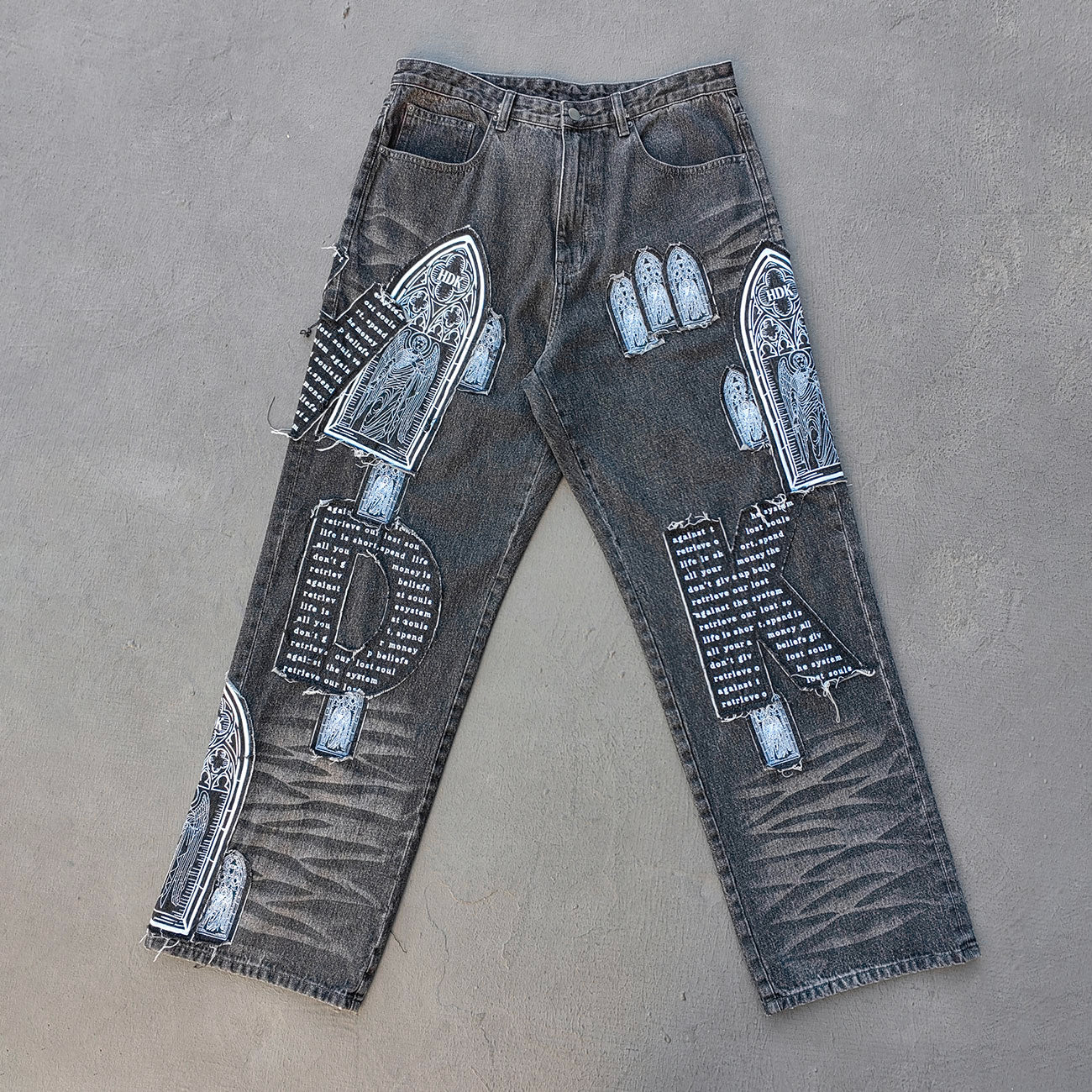 Gothic Patchwork Jeans - Religious Cathedral Black Wash Y2K Streetwear