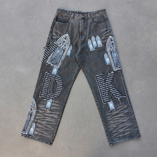 Gothic Patchwork Jeans - Religious Cathedral Black Wash Y2K Streetwear