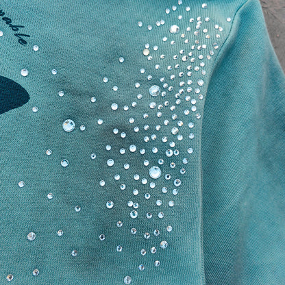 Tattoo Print Zip Up Hoodie - Gray Blue Studded Rhinestone Distressed Y2K Streetwear