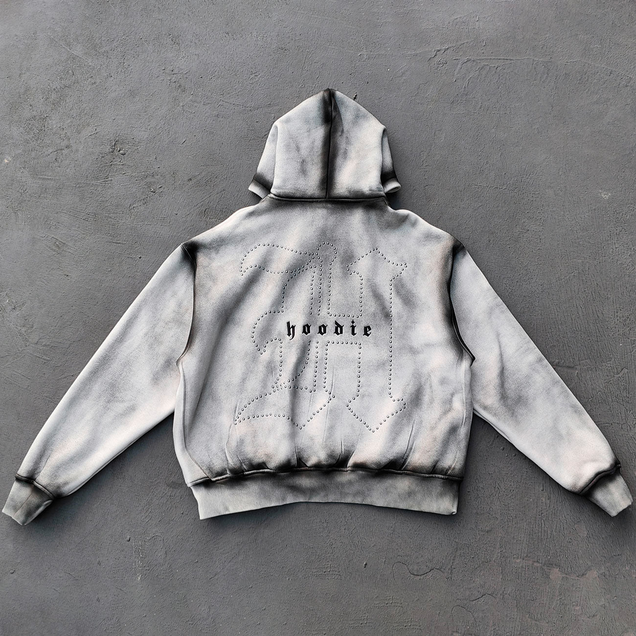Gothic Font Hoodie - White Gray Gradient Wash Distressed Y2K Streetwear