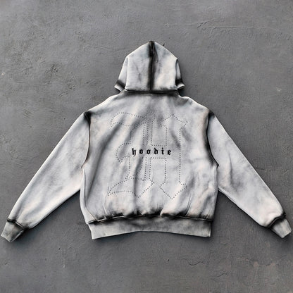 Gothic Font Hoodie - White Gray Gradient Wash Distressed Y2K Streetwear