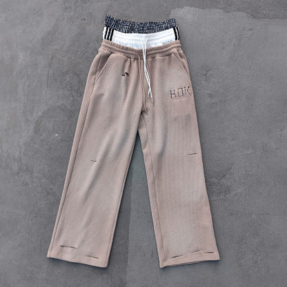 Layered Waistband Waffle Knit Pants - Khaki Ripped Distressed Y2K Baggy Streetwear