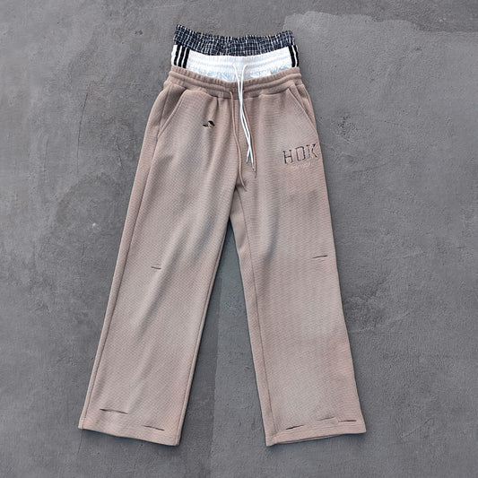 Layered Waistband Waffle Knit Pants - Khaki Ripped Distressed Y2K Baggy Streetwear