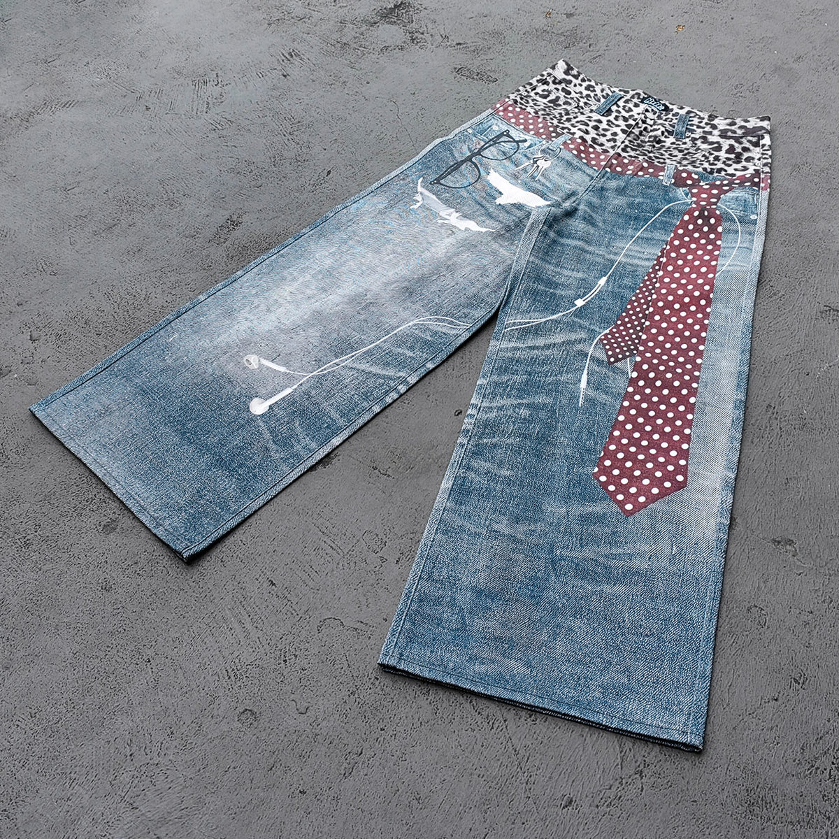 Wide Leg Jeans - Blue Gray Acid Wash Leopard Waistband Polka Dot Tie Glasses Print Y2K Streetwear