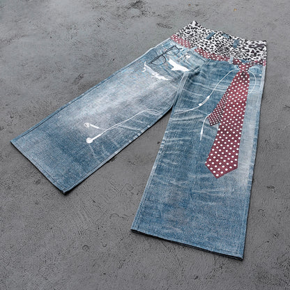 Wide Leg Jeans - Blue Gray Acid Wash Leopard Waistband Polka Dot Tie Glasses Print Y2K Streetwear