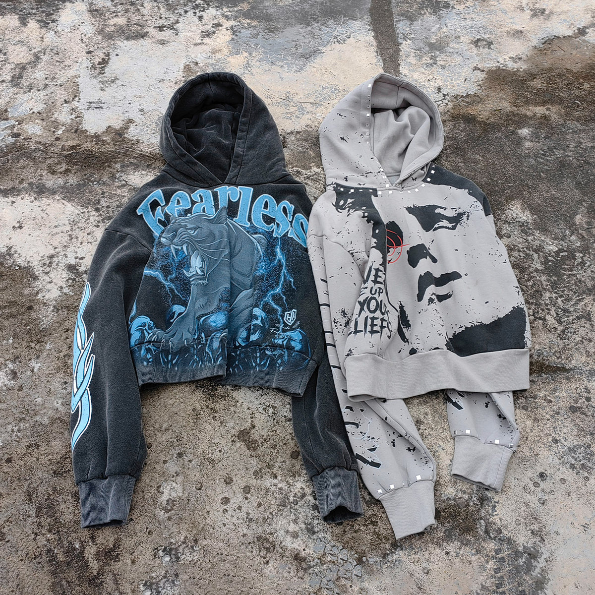 Graphic Print Hoodie - Distressed Studded Streetwear Sweatshirt
