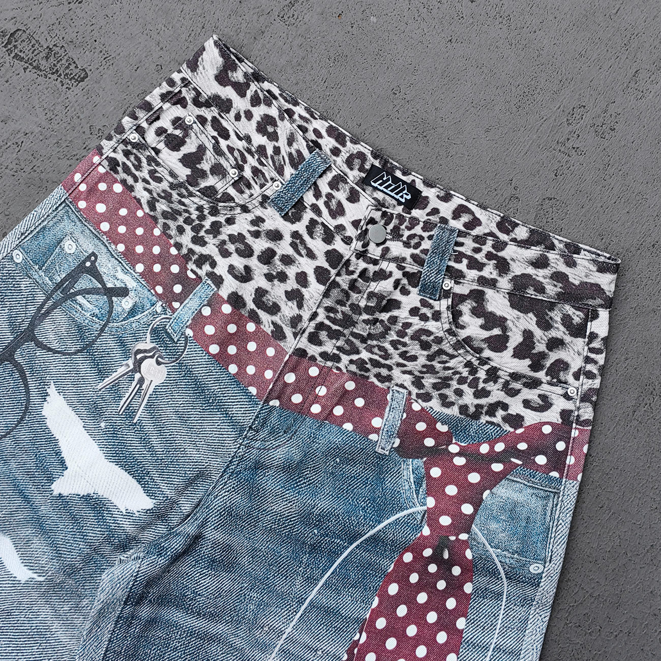 Wide Leg Jeans - Blue Gray Acid Wash Leopard Waistband Polka Dot Tie Glasses Print Y2K Streetwear