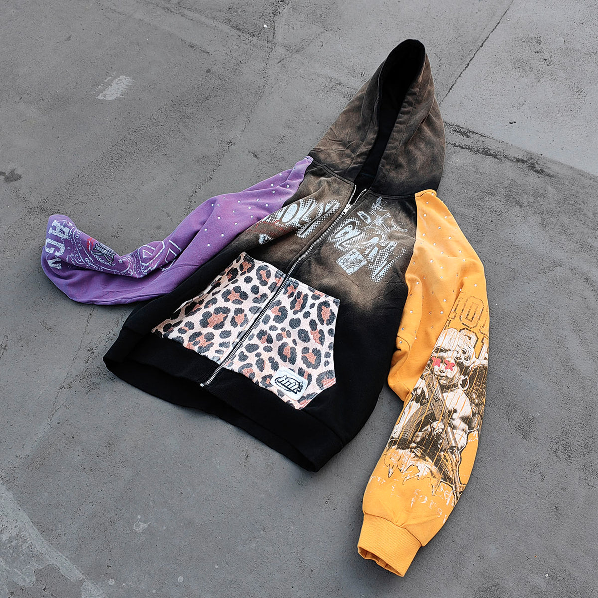 Holy Glory Rhinestone Zip Up Hoodie - Black Brown Gradient Purple Yellow Leopard Pocket Y2K Streetwear