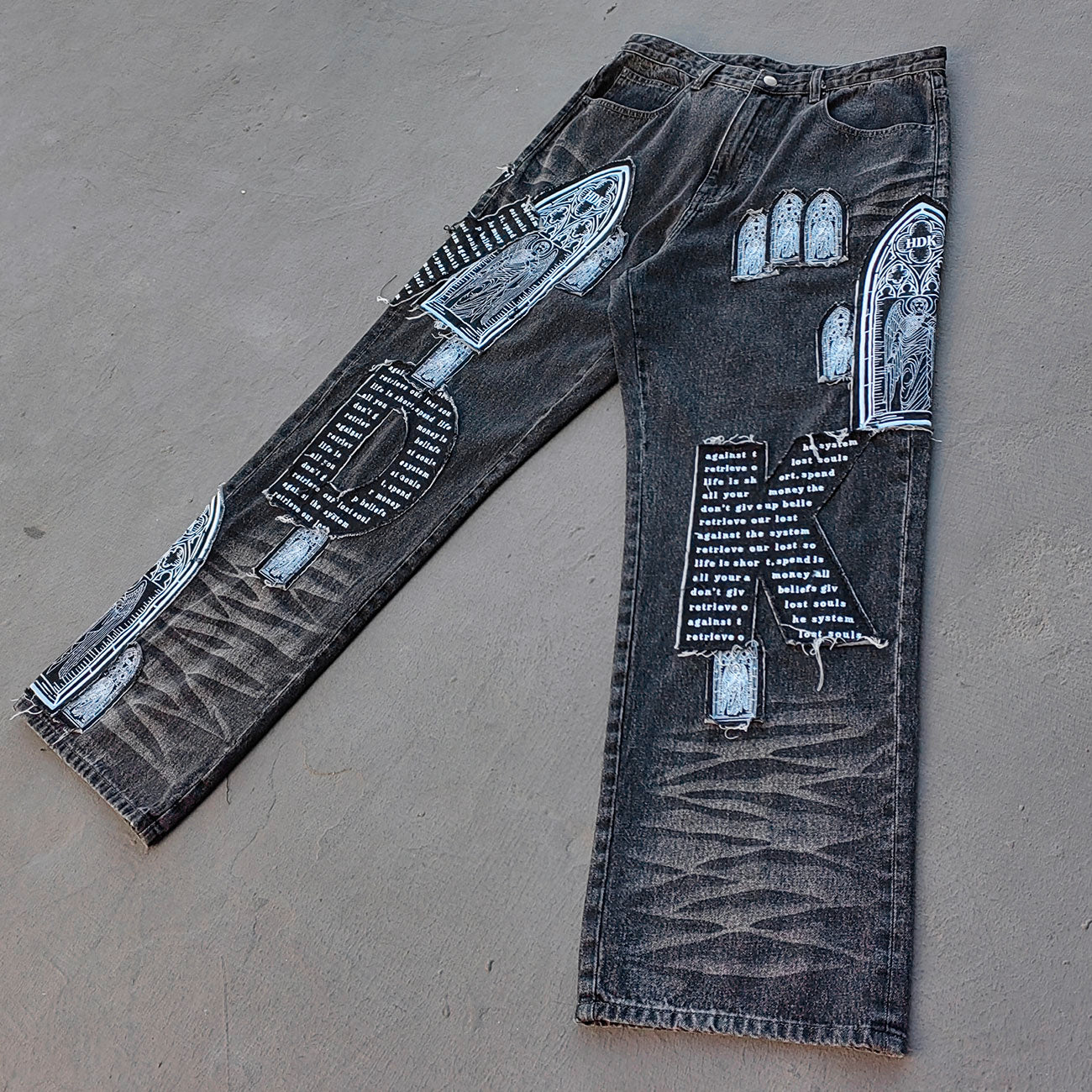 Gothic Patchwork Jeans - Religious Cathedral Black Wash Y2K Streetwear