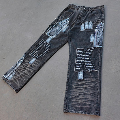 Gothic Patchwork Jeans - Religious Cathedral Black Wash Y2K Streetwear