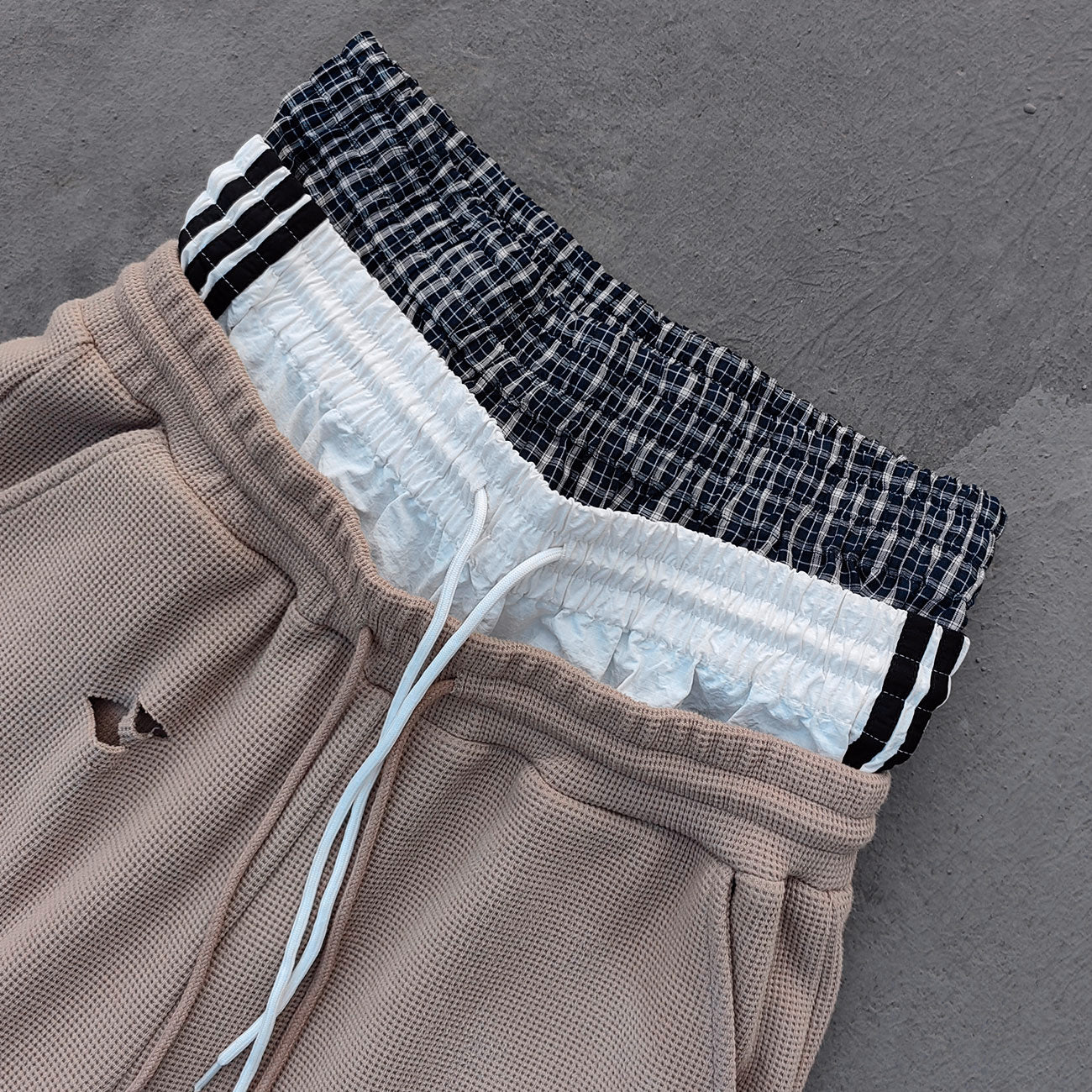 Layered Waistband Waffle Knit Pants - Khaki Ripped Distressed Y2K Baggy Streetwear