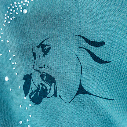 Tattoo Print Zip Up Hoodie - Gray Blue Studded Rhinestone Distressed Y2K Streetwear