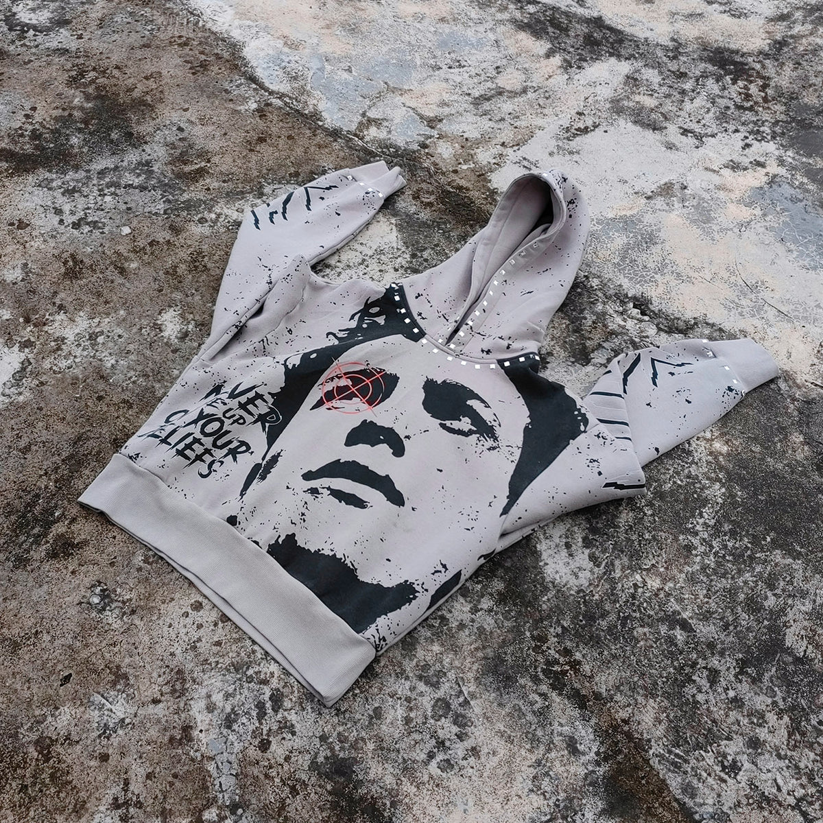 Graphic Print Hoodie - Distressed Studded Streetwear Sweatshirt