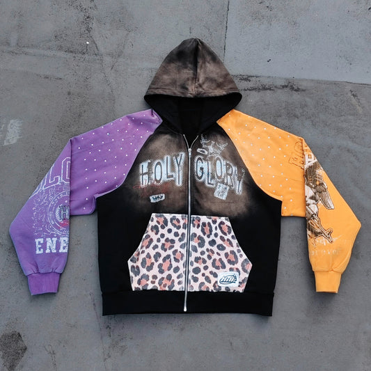 Holy Glory Rhinestone Zip Up Hoodie - Black Brown Gradient Purple Yellow Leopard Pocket Y2K Streetwear