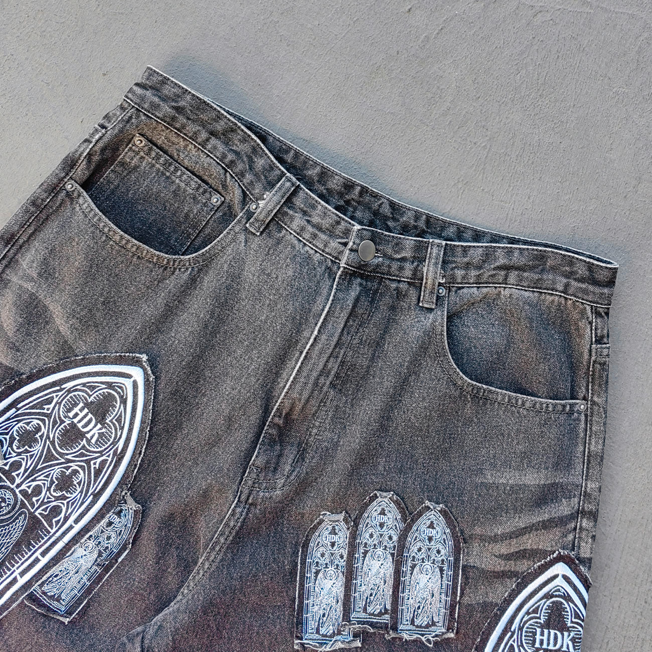 Gothic Patchwork Jeans - Religious Cathedral Black Wash Y2K Streetwear