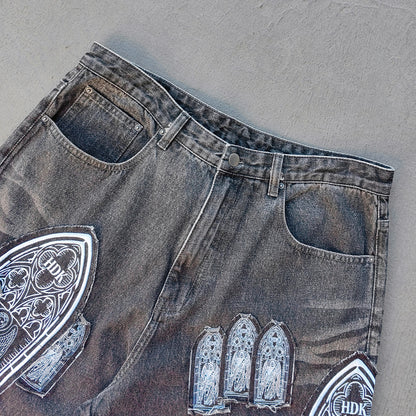 Gothic Patchwork Jeans - Religious Cathedral Black Wash Y2K Streetwear