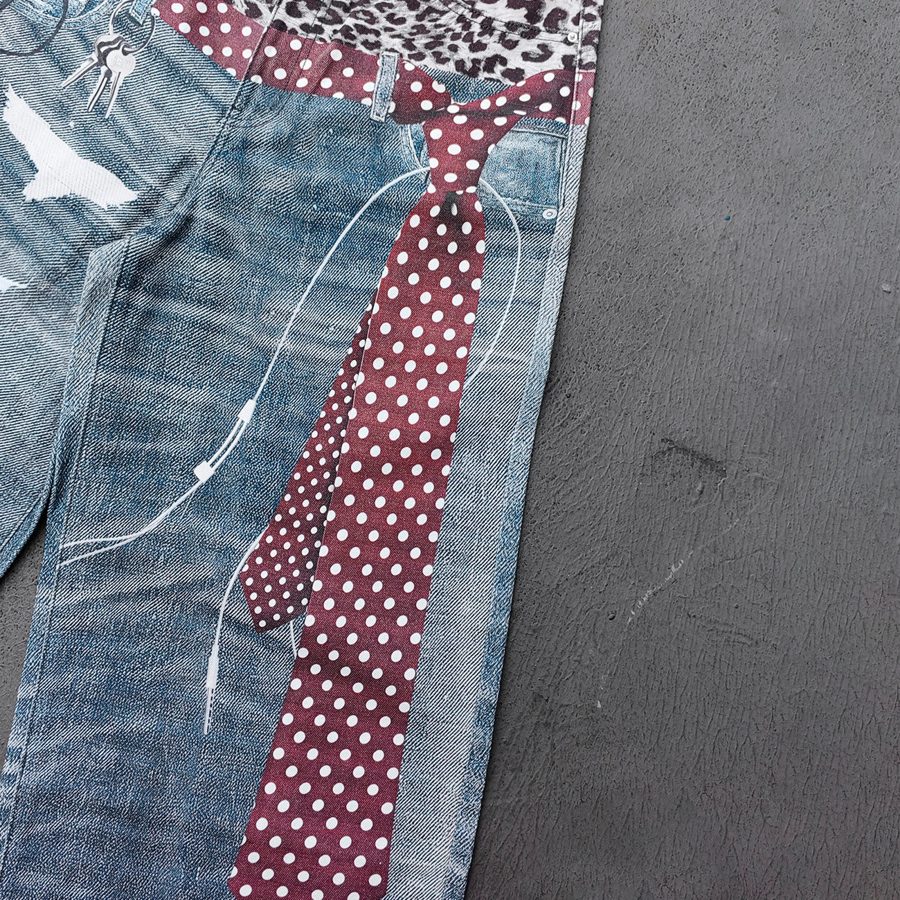 Wide Leg Jeans - Blue Gray Acid Wash Leopard Waistband Polka Dot Tie Glasses Print Y2K Streetwear