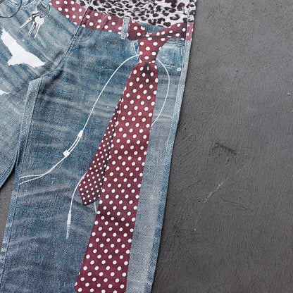 Wide Leg Jeans - Blue Gray Acid Wash Leopard Waistband Polka Dot Tie Glasses Print Y2K Streetwear