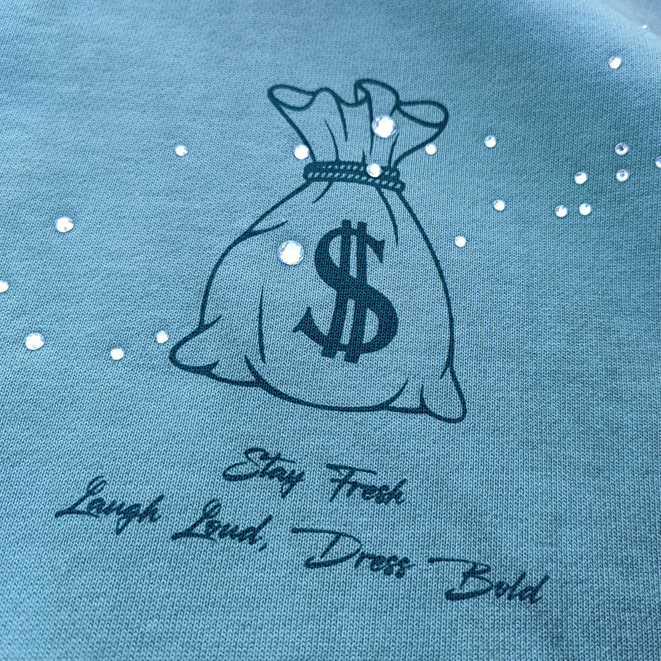 Tattoo Print Zip Up Hoodie - Gray Blue Studded Rhinestone Distressed Y2K Streetwear