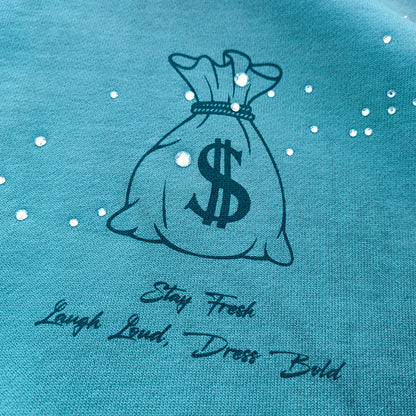 Tattoo Print Zip Up Hoodie - Gray Blue Studded Rhinestone Distressed Y2K Streetwear