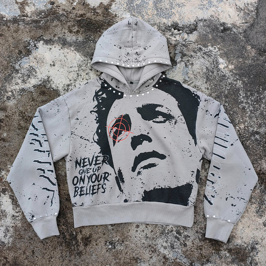 Graphic Print Hoodie - Distressed Studded Streetwear Sweatshirt