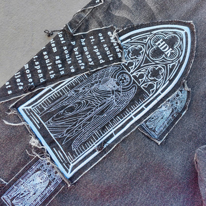 Gothic Patchwork Jeans - Religious Cathedral Black Wash Y2K Streetwear