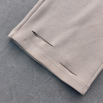 Layered Waistband Waffle Knit Pants - Khaki Ripped Distressed Y2K Baggy Streetwear