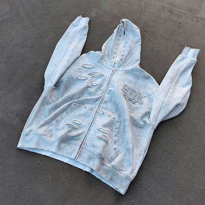 Star Rhinestone Zip Up Hoodie - Light Gray Studded Ripped Distressed Y2K Streetwear