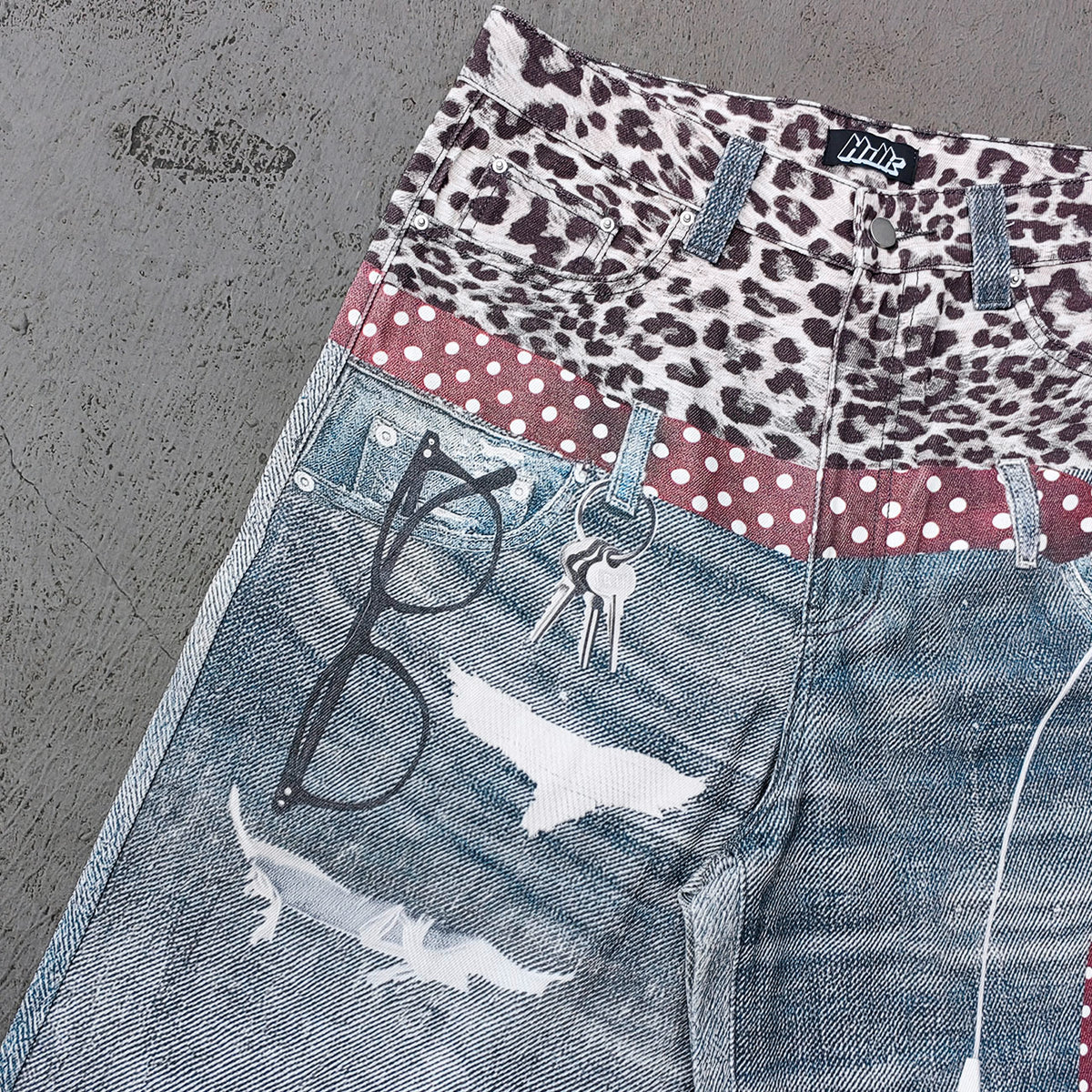 Wide Leg Jeans - Blue Gray Acid Wash Leopard Waistband Polka Dot Tie Glasses Print Y2K Streetwear