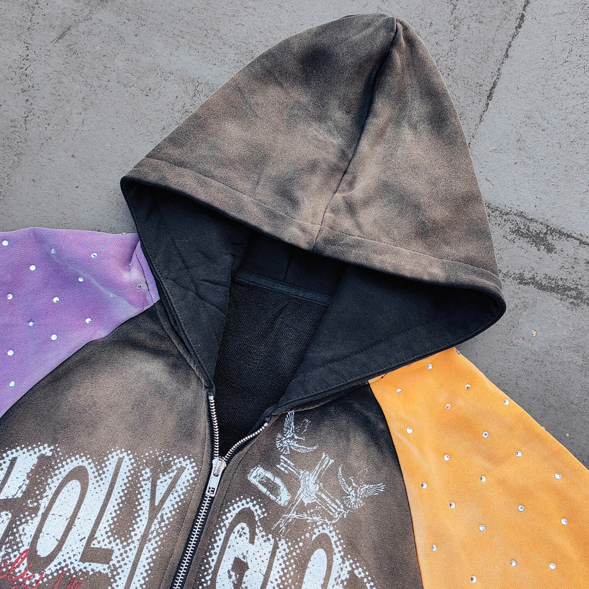 Holy Glory Rhinestone Zip Up Hoodie - Black Brown Gradient Purple Yellow Leopard Pocket Y2K Streetwear