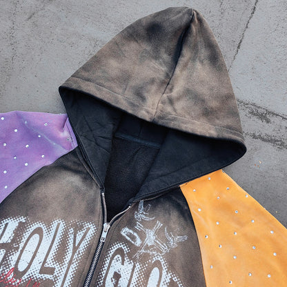 Holy Glory Rhinestone Zip Up Hoodie - Black Brown Gradient Purple Yellow Leopard Pocket Y2K Streetwear