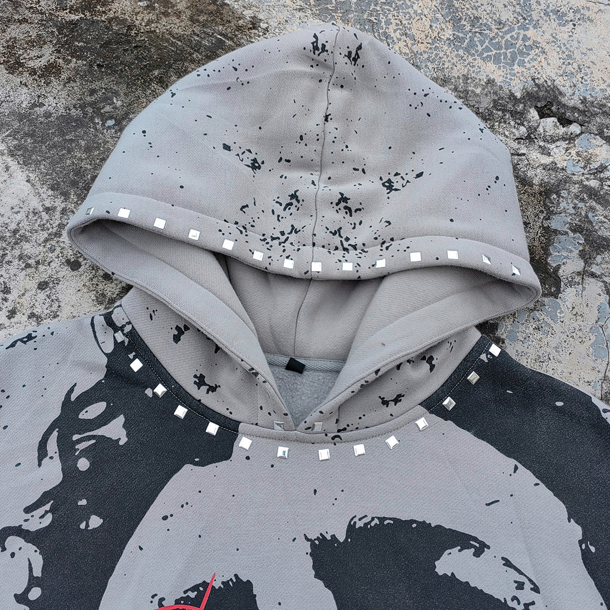 Graphic Print Hoodie - Distressed Studded Streetwear Sweatshirt