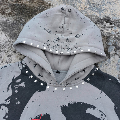 Graphic Print Hoodie - Distressed Studded Streetwear Sweatshirt