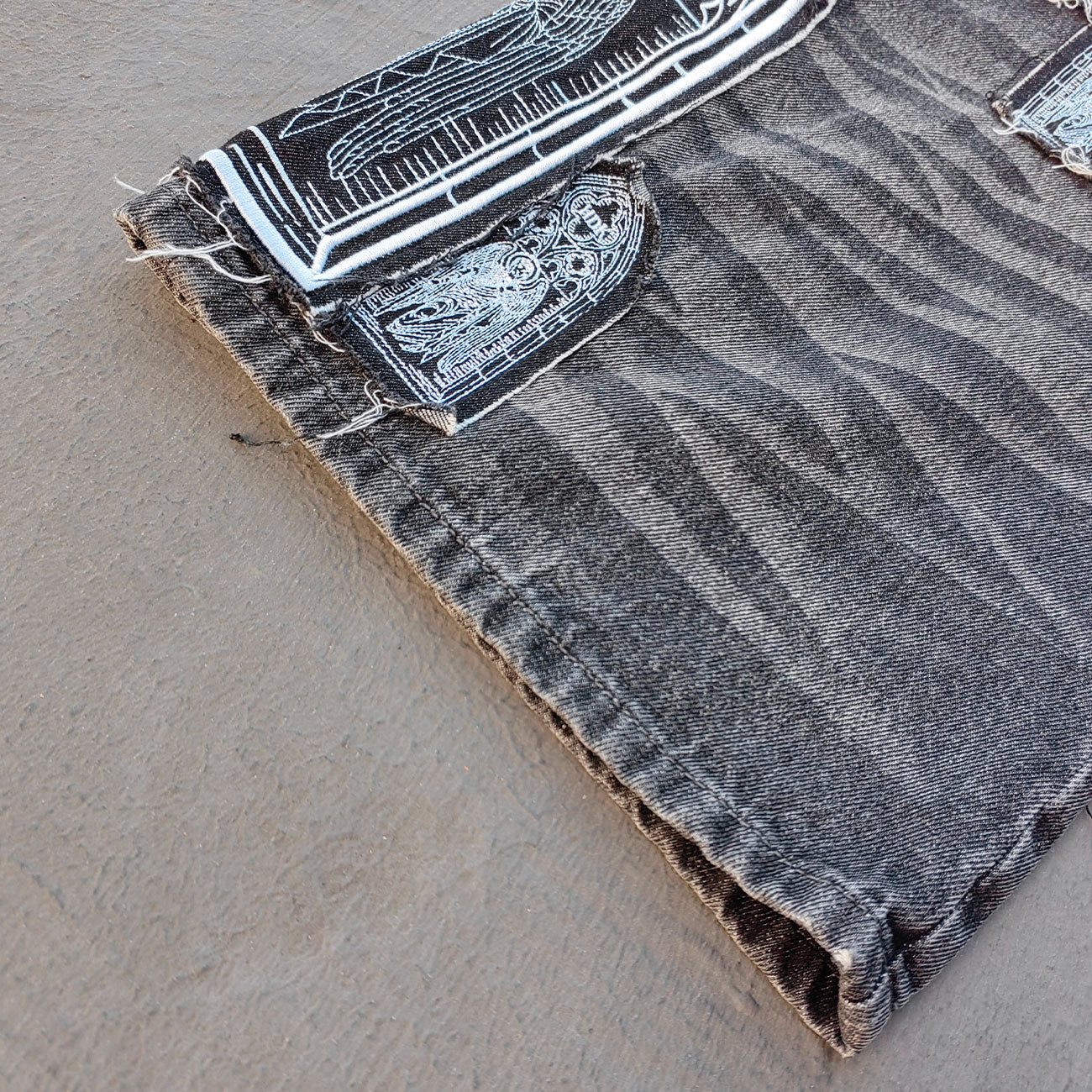 Gothic Patchwork Jeans - Religious Cathedral Black Wash Y2K Streetwear