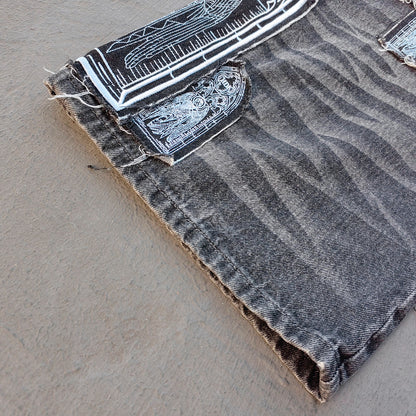 Gothic Patchwork Jeans - Religious Cathedral Black Wash Y2K Streetwear